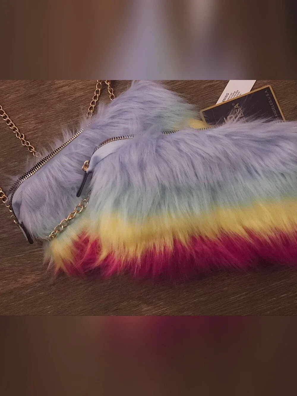 Set Of 2 - Pastel Rainbow Faux Fur Crossbody Bag with Gold Chain